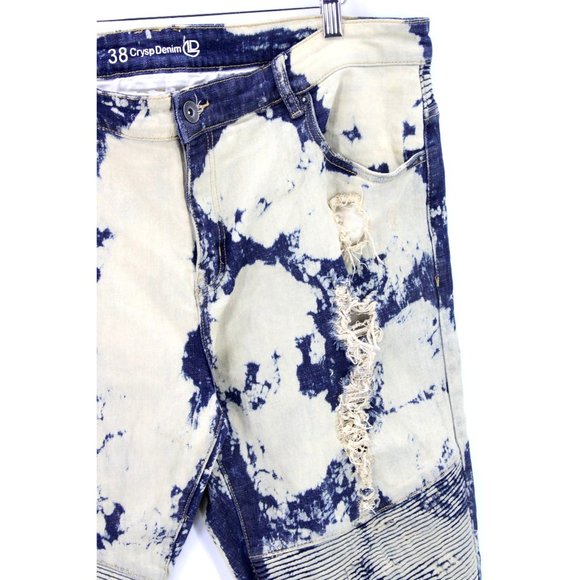 Crysp Denim Jeans Mens Blue Denim Acid Washed Rockstar Moto Distressed Size 38 - Picture 2 of 8